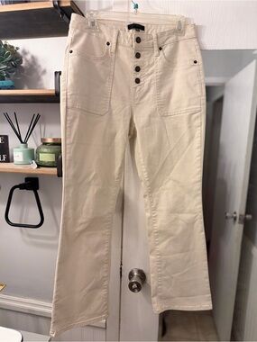 High-Rise Cream Wide-Leg Jeans with Button-Fly